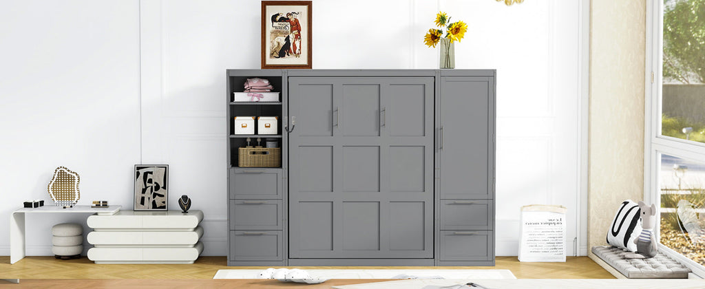 Murphy Wall Bed, Queen Size, MDF and LVL with Drawers, Shelves, and