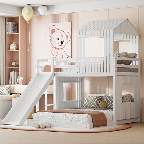 Loft Bed, Twin Over Full, Solid Wood with Slide, Ladder, and
