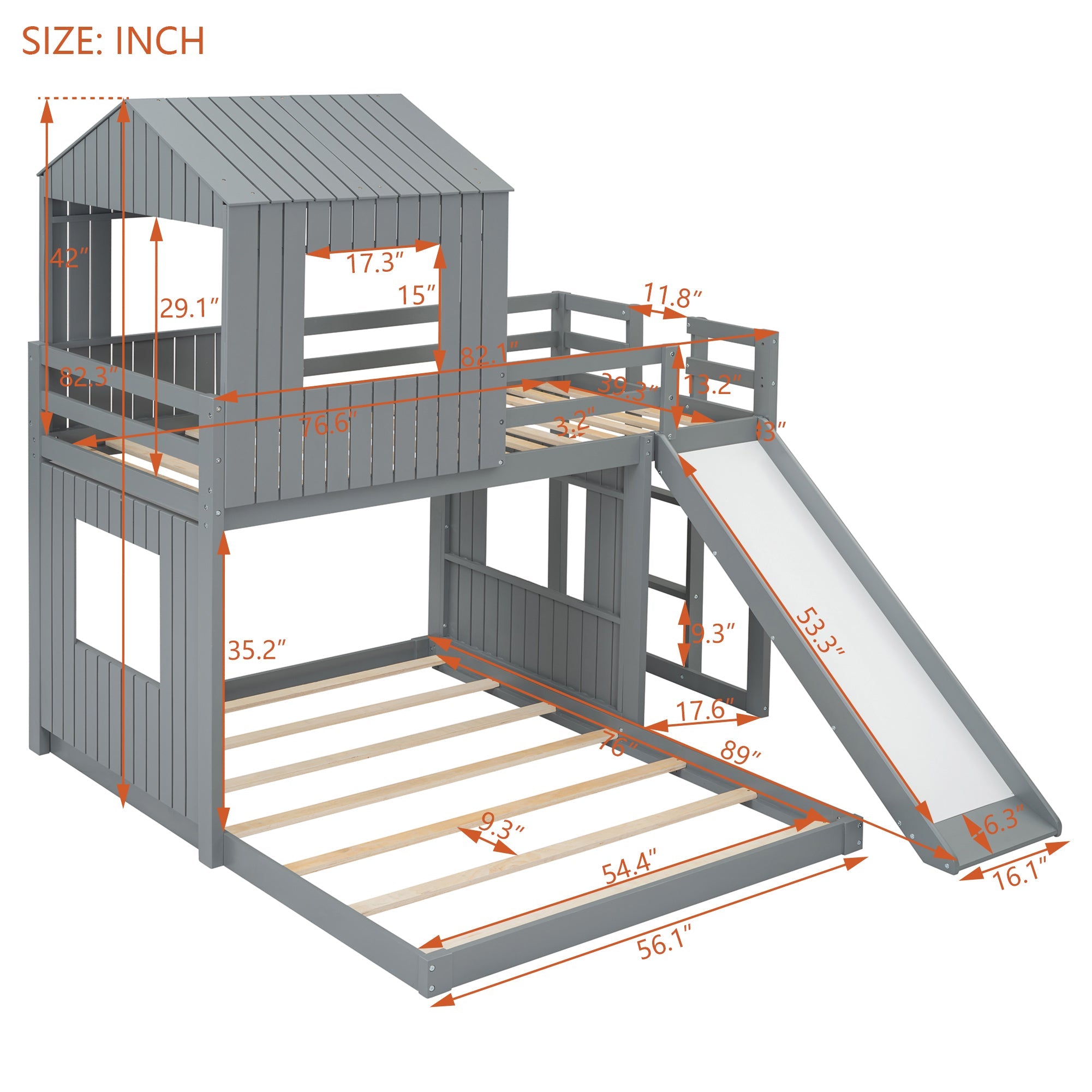 Loft Bed, Twin Over Full, Solid Wood with Slide, Ladder, and
