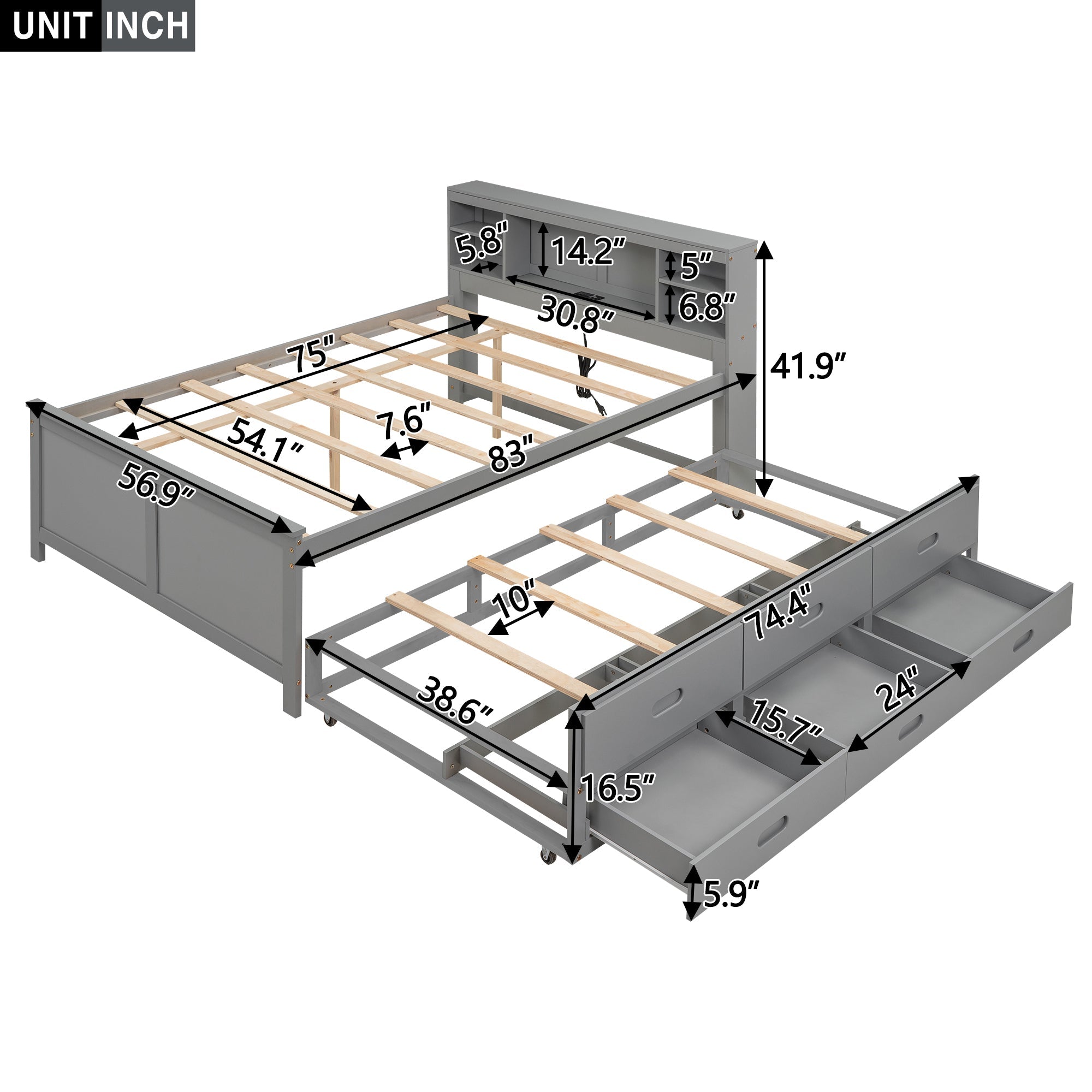Full Size Platform Bed with Storage Headboard, USB, Twin Size Trundle