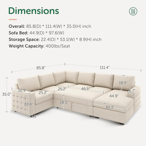 Canapé d'angle convertible en U beige avec rangement, velours, lit gigogne