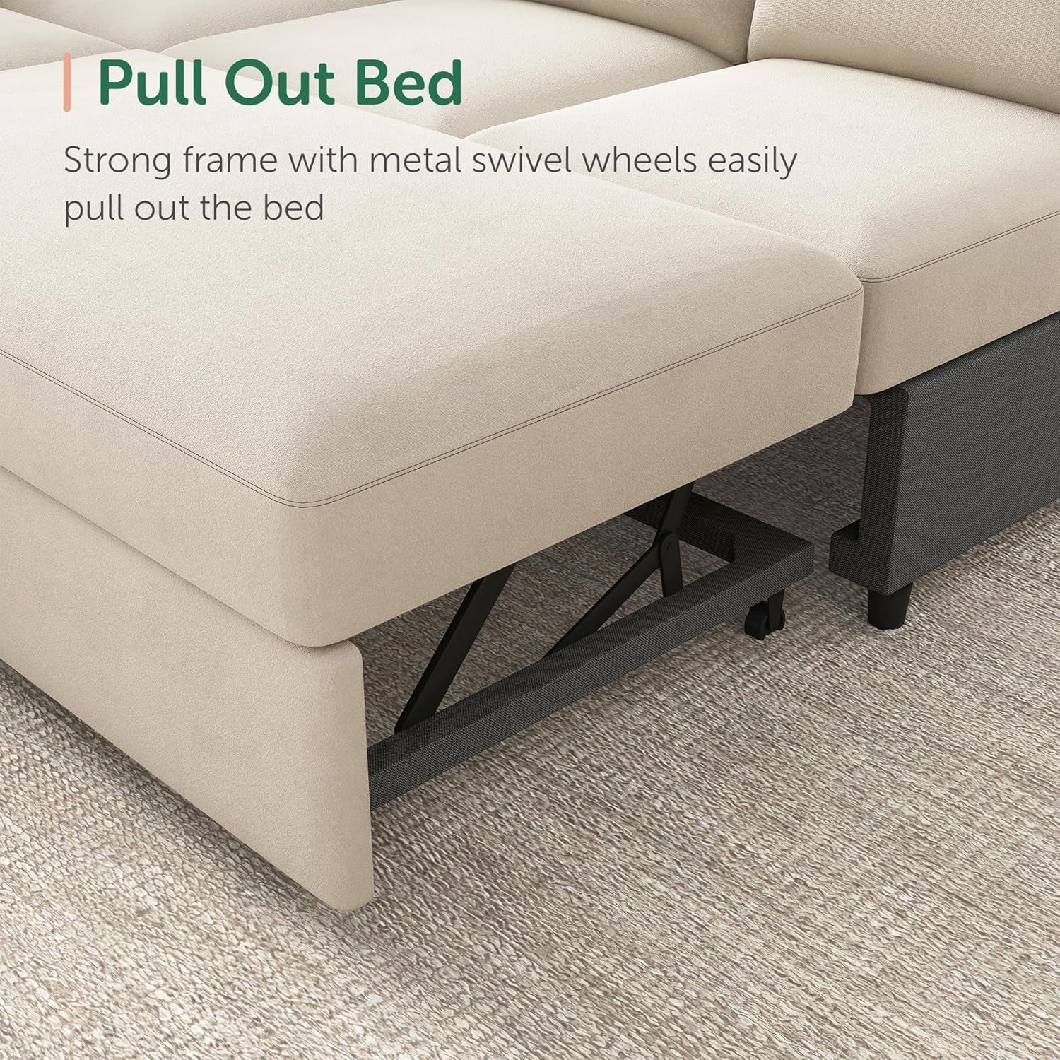 Beige U-Shaped Sectional Sleeper Storage, Velvet, Pullout Bed