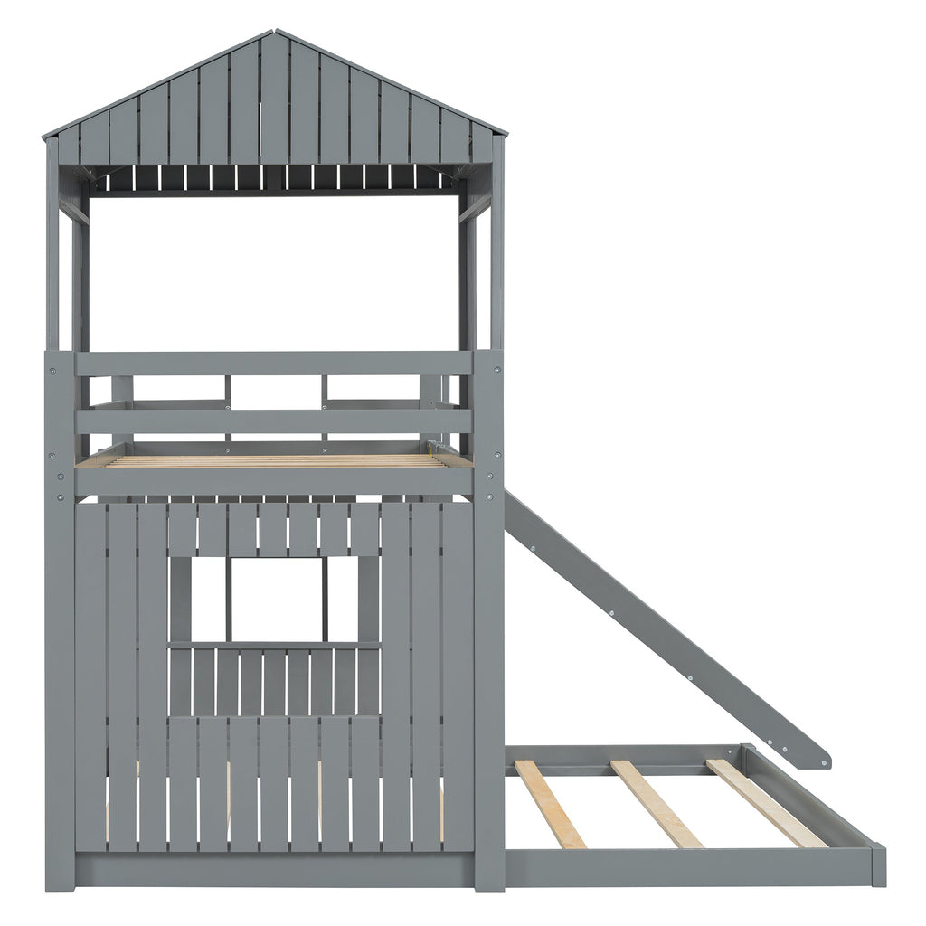 Loft Bed, Twin Over Full, Solid Wood with Slide, Ladder, and