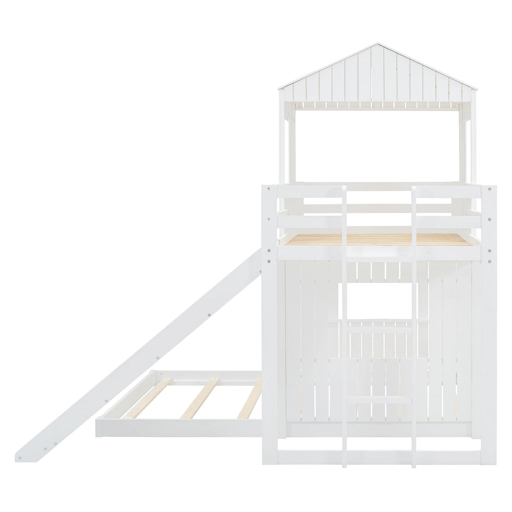 Loft Bed, Twin Over Full, Solid Wood with Slide, Ladder, and