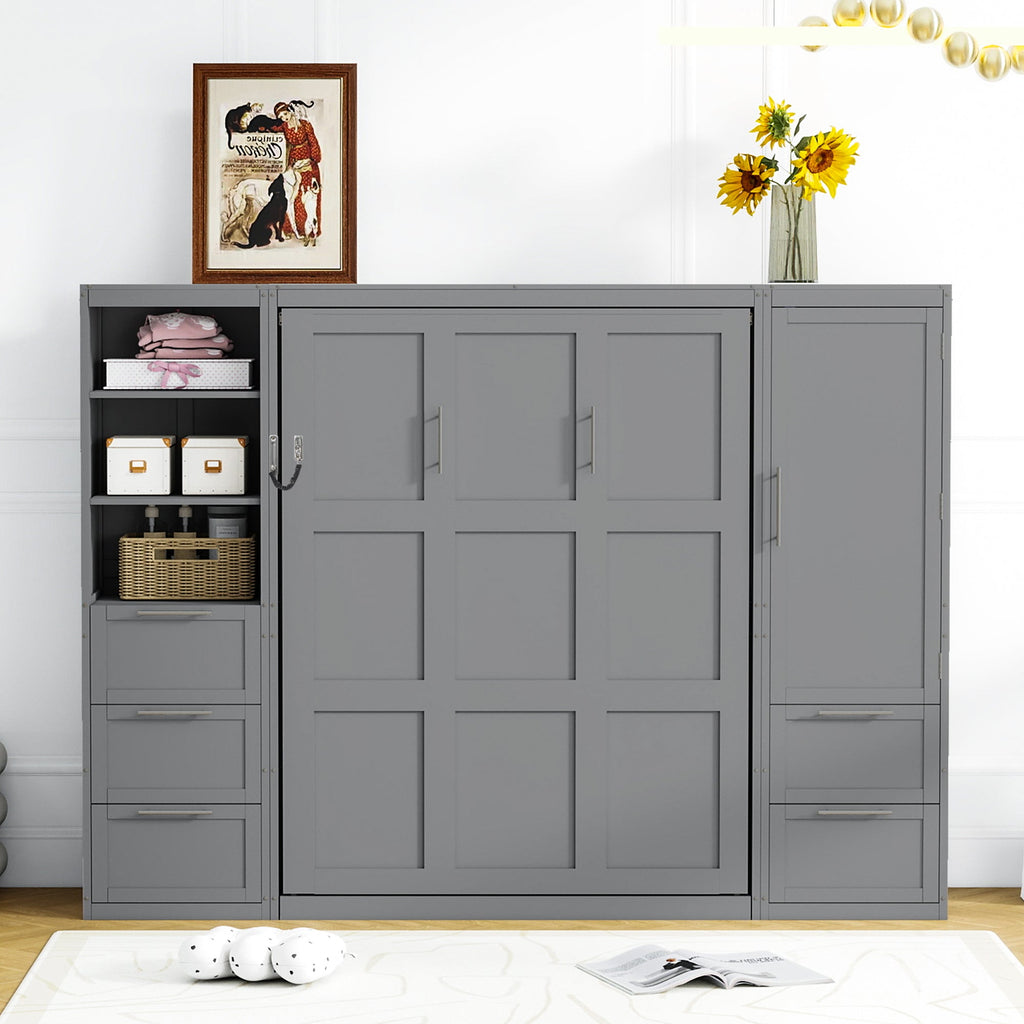 Murphy Wall Bed, Queen Size, MDF and LVL with Drawers, Shelves, and