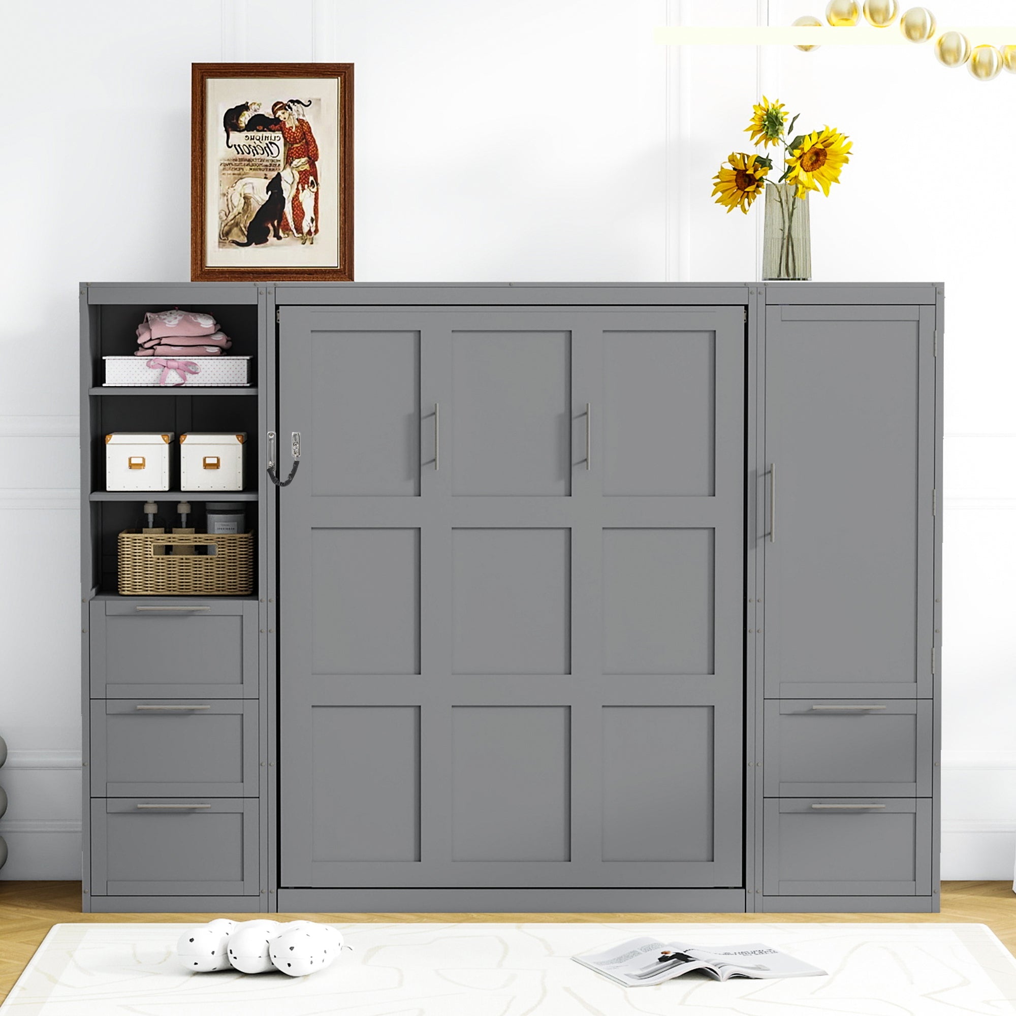 Murphy Wall Bed, Queen Size, MDF and LVL with Drawers, Shelves, and