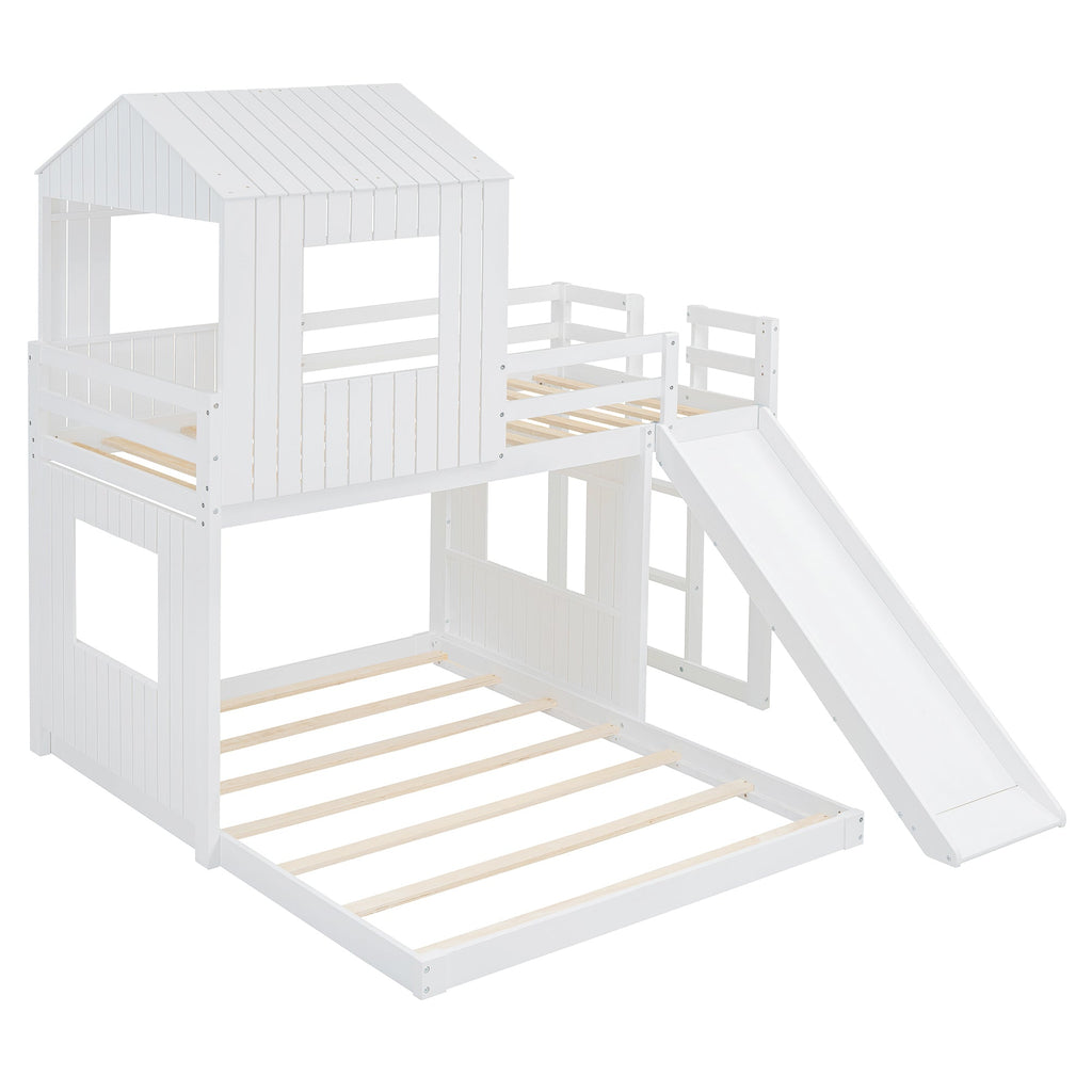 Loft Bed, Twin Over Full, Solid Wood with Slide, Ladder, and