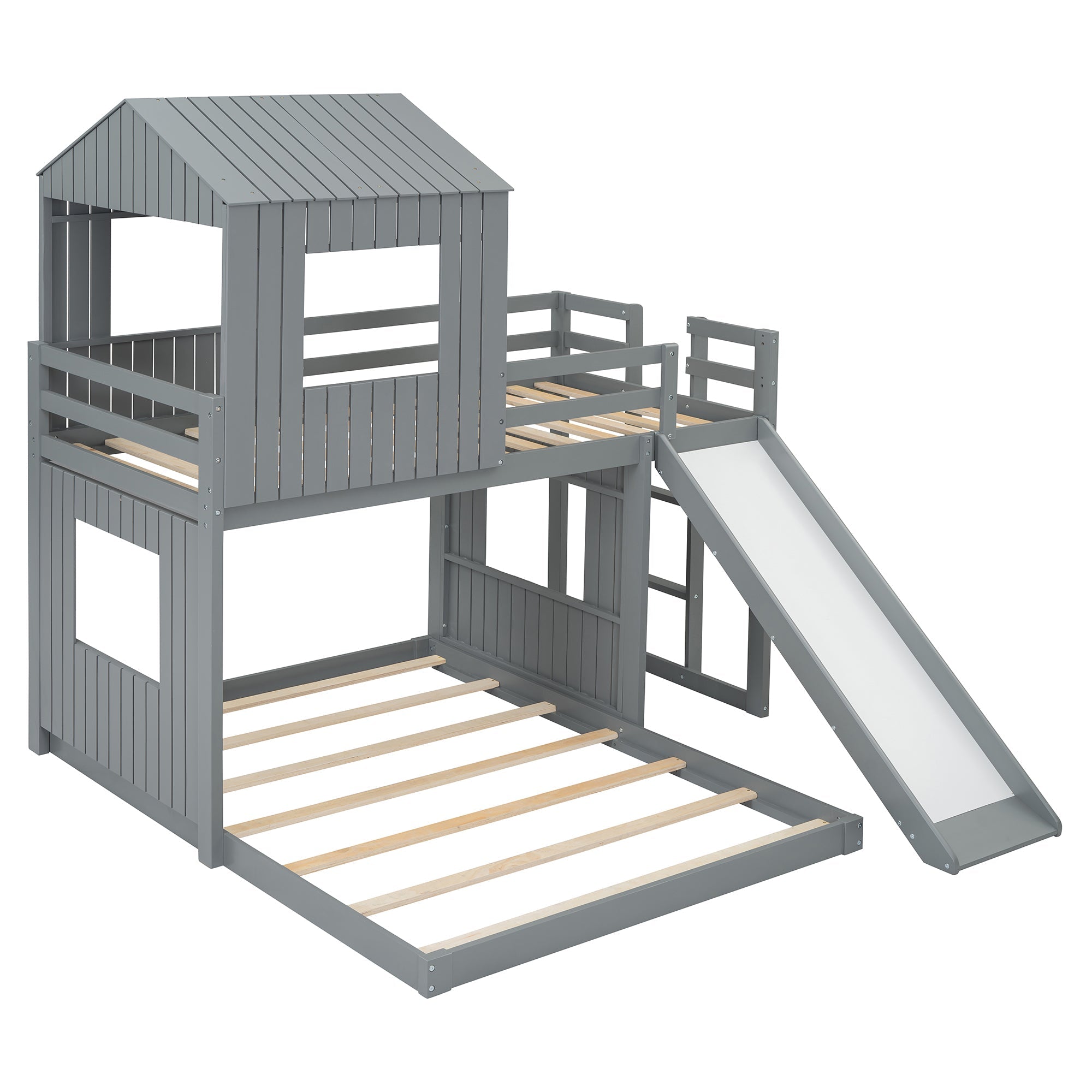 Loft Bed, Twin Over Full, Solid Wood with Slide, Ladder, and