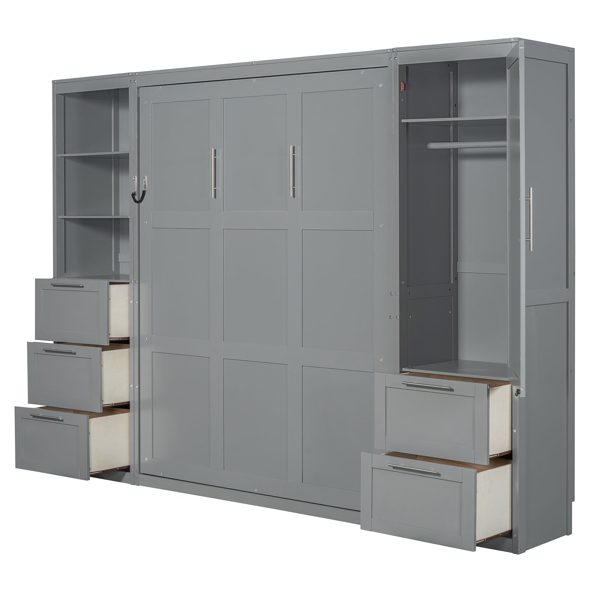 Murphy Wall Bed, Queen Size, MDF and LVL with Drawers, Shelves, and