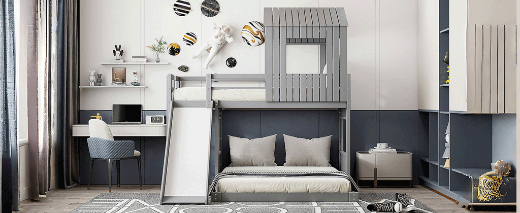 Loft Bed, Twin Over Full, Solid Wood with Slide, Ladder, and