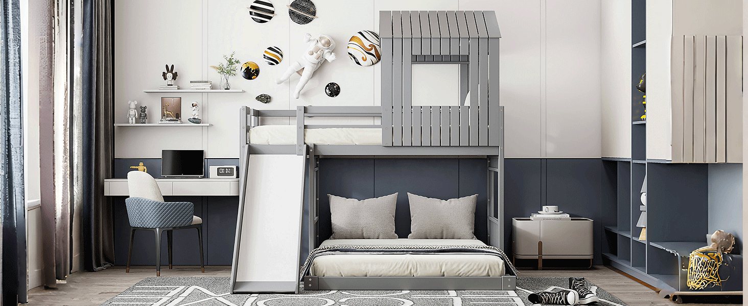 Loft Bed, Twin Over Full, Solid Wood with Slide, Ladder, and