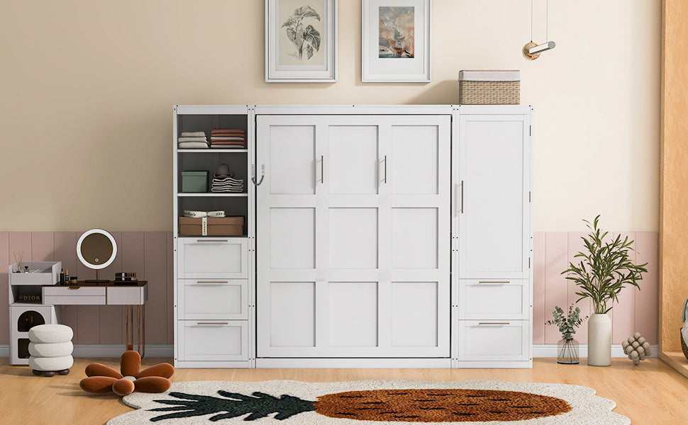 Murphy Wall Bed, Queen Size, MDF and LVL with Drawers, Shelves, and