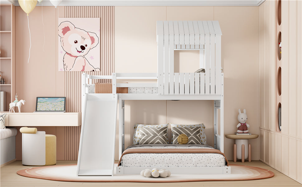 Loft Bed, Twin Over Full, Solid Wood with Slide, Ladder, and