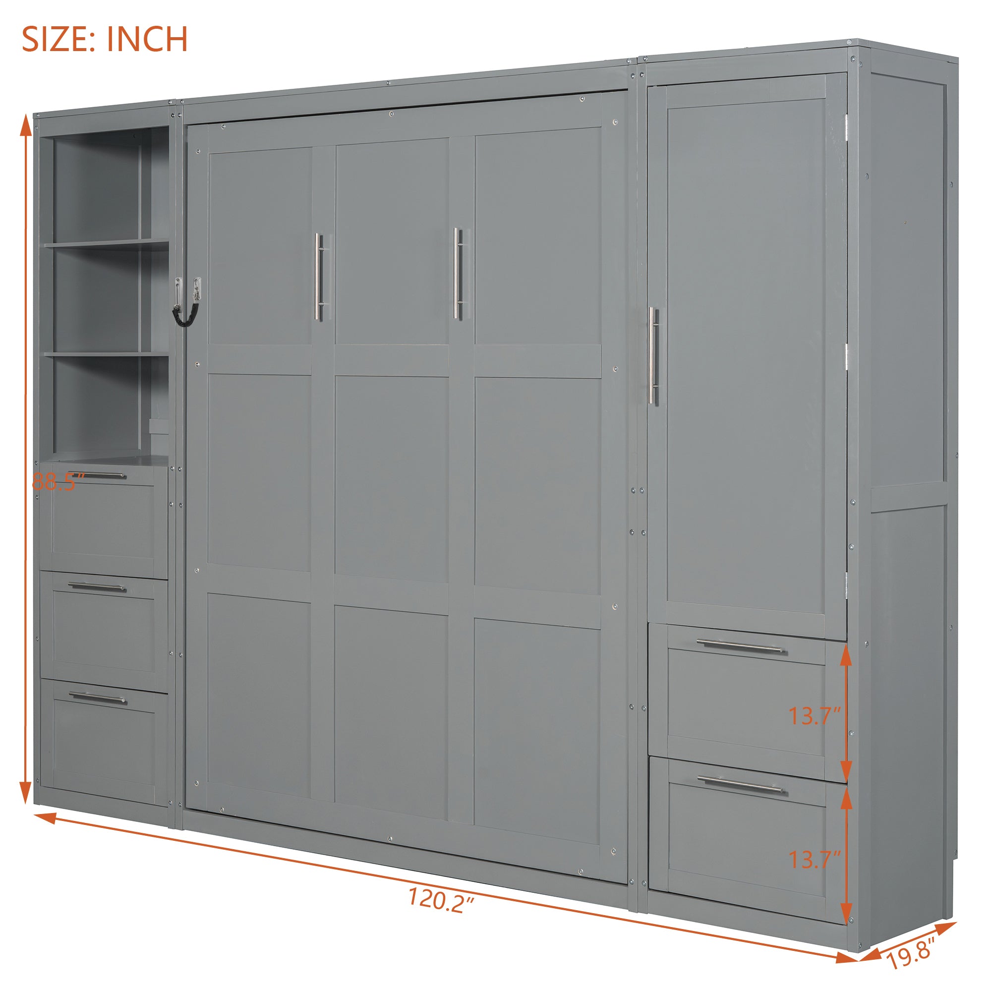 Murphy Wall Bed, Queen Size, MDF and LVL with Drawers, Shelves, and