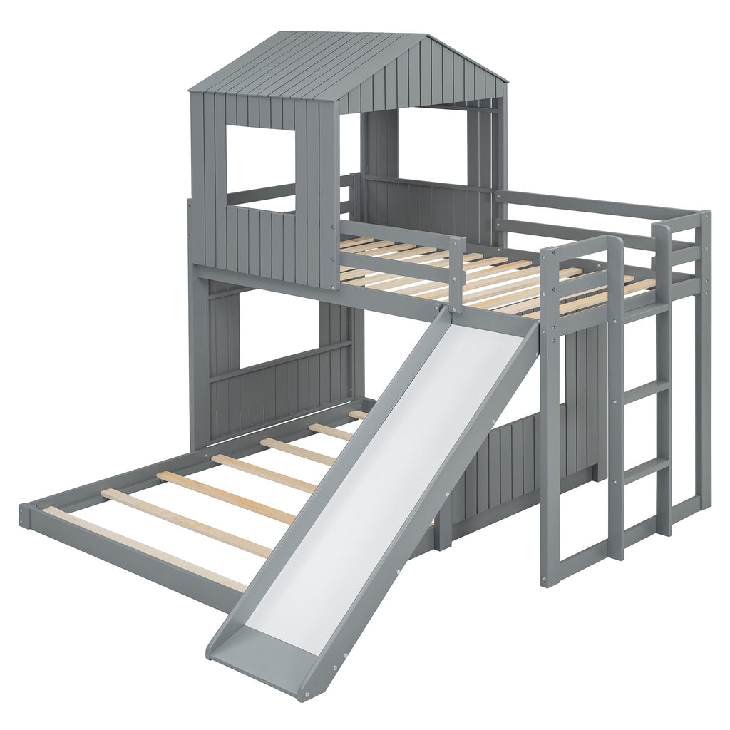 Loft Bed, Twin Over Full, Solid Wood with Slide, Ladder, and