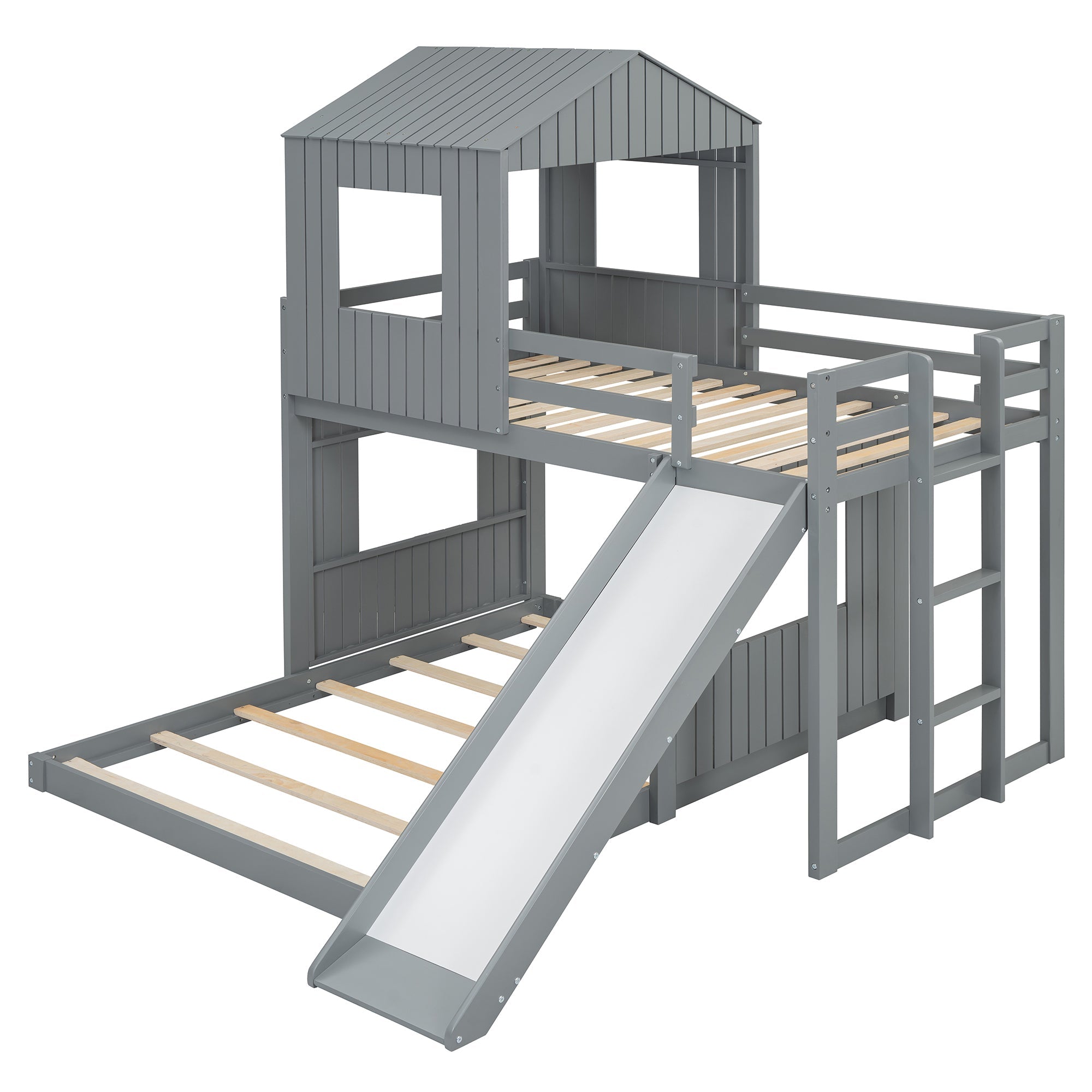 Loft Bed, Twin Over Full, Solid Wood with Slide, Ladder, and
