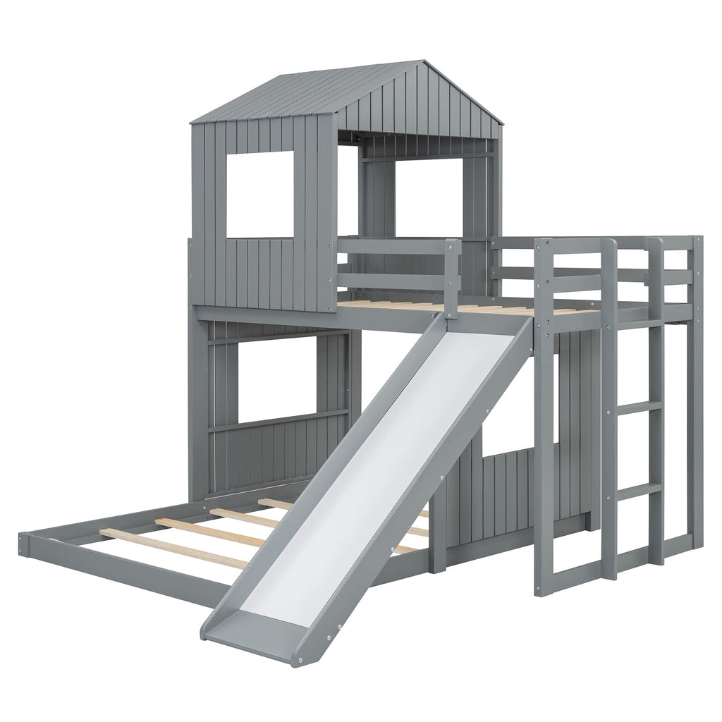 Loft Bed, Twin Over Full, Solid Wood with Slide, Ladder, and