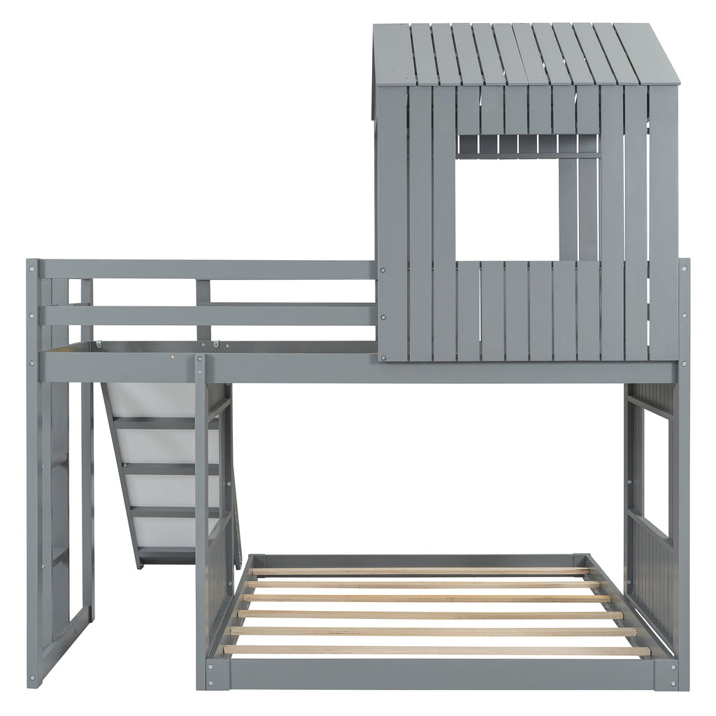 Loft Bed, Twin Over Full, Solid Wood with Slide, Ladder, and