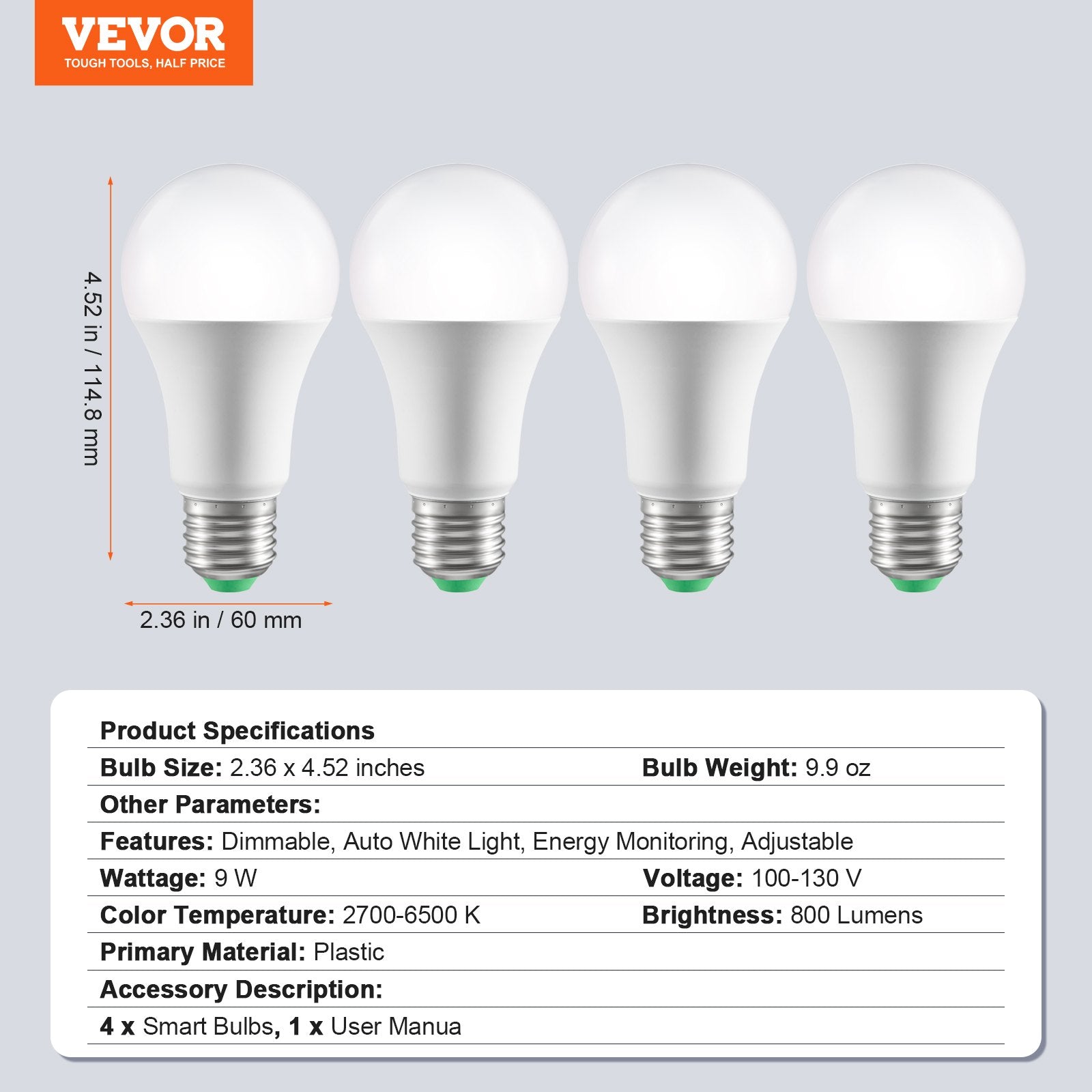 Smart LED Light Bulbs 4-Pack, Multicolor 800 Lumen WiFi