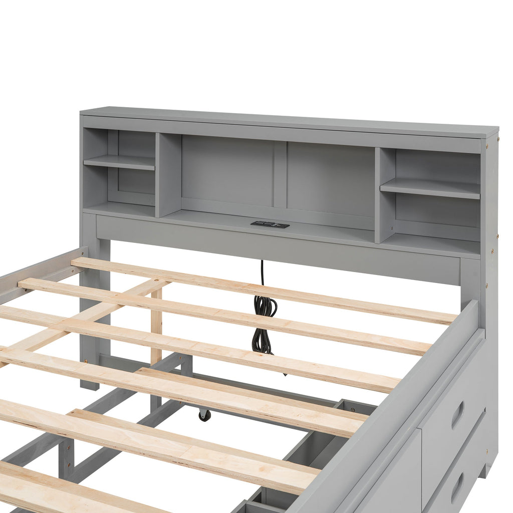 Full Size Platform Bed with Storage Headboard, USB, Twin Size Trundle