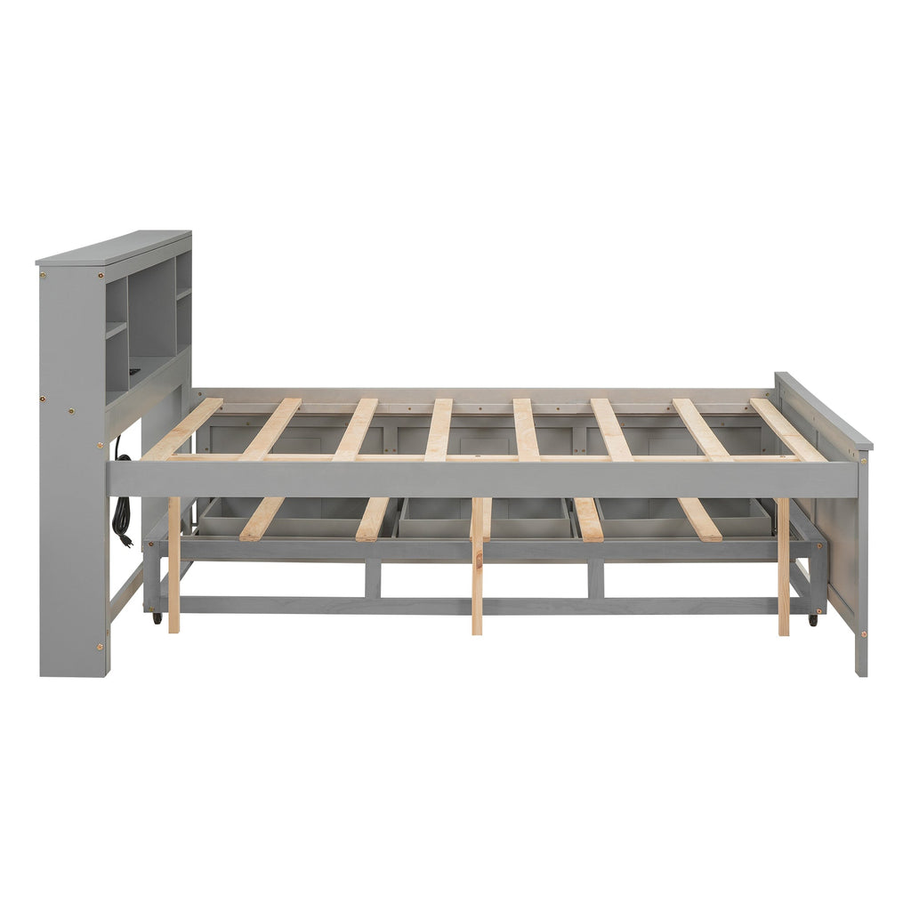 Full Size Platform Bed with Storage Headboard, USB, Twin Size Trundle