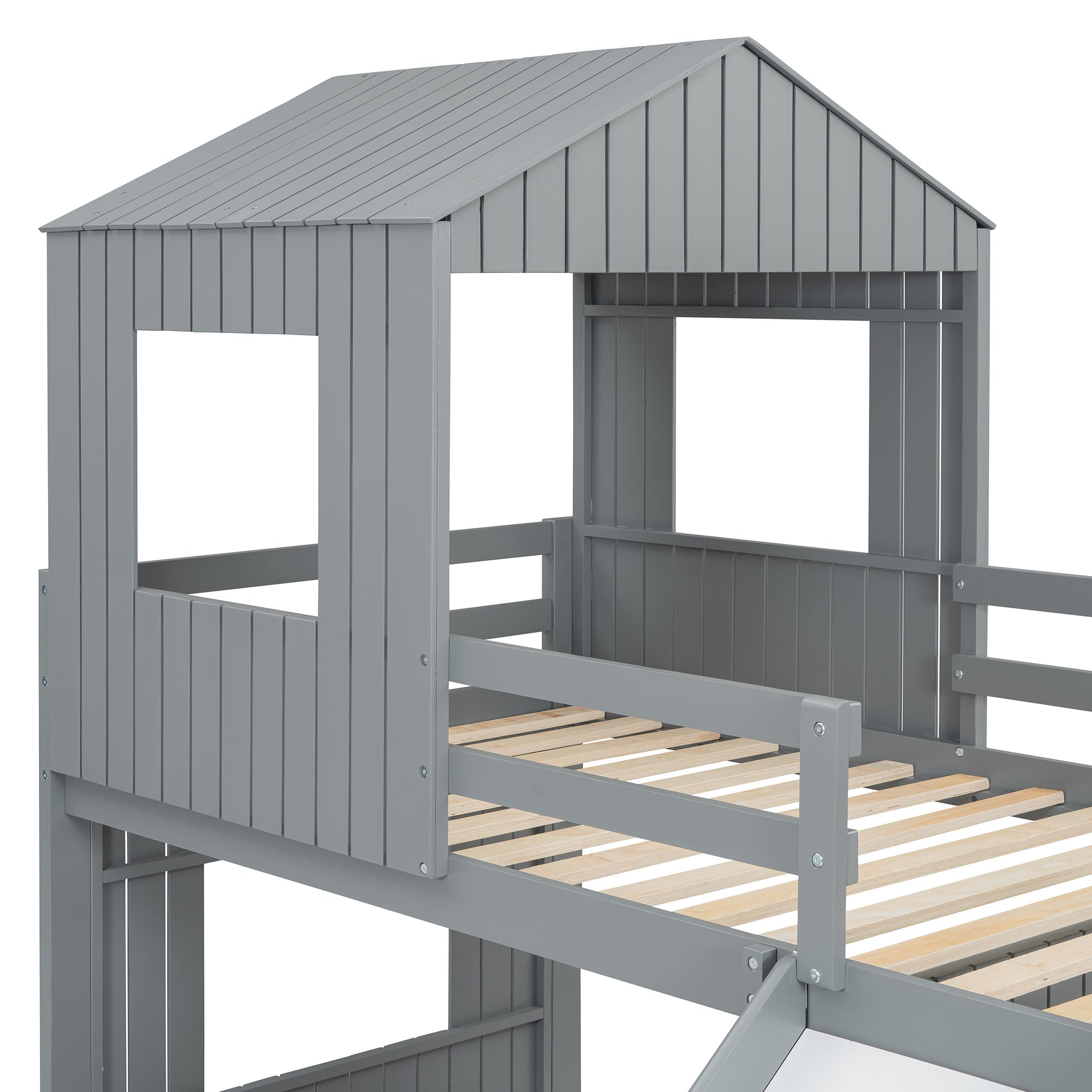 Loft Bed, Twin Over Full, Solid Wood with Slide, Ladder, and