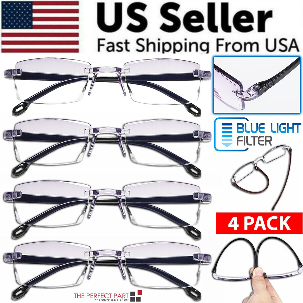 4 PK Mens Rectangular Rimless Blue Light Blocking Reading Glasses