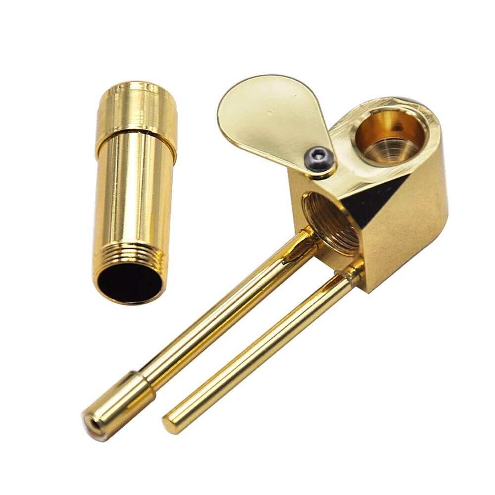 Brass Tobacco Smoking Pipe w/ Stash Storage Cylinder Chamber Metal w/