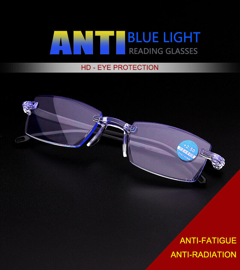 4 PK Mens Rectangular Rimless Blue Light Blocking Reading Glasses