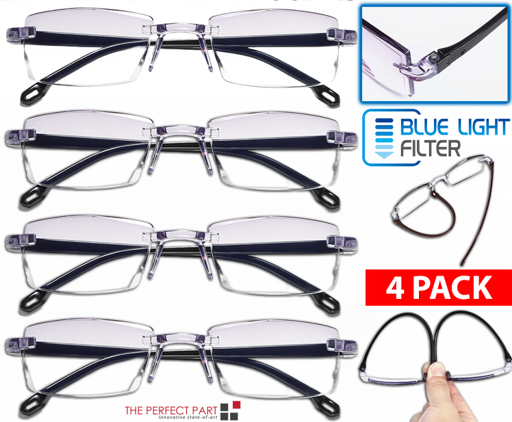4 PK Mens Rectangular Rimless Blue Light Blocking Reading Glasses