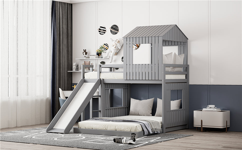 Loft Bed, Twin Over Full, Solid Wood with Slide, Ladder, and
