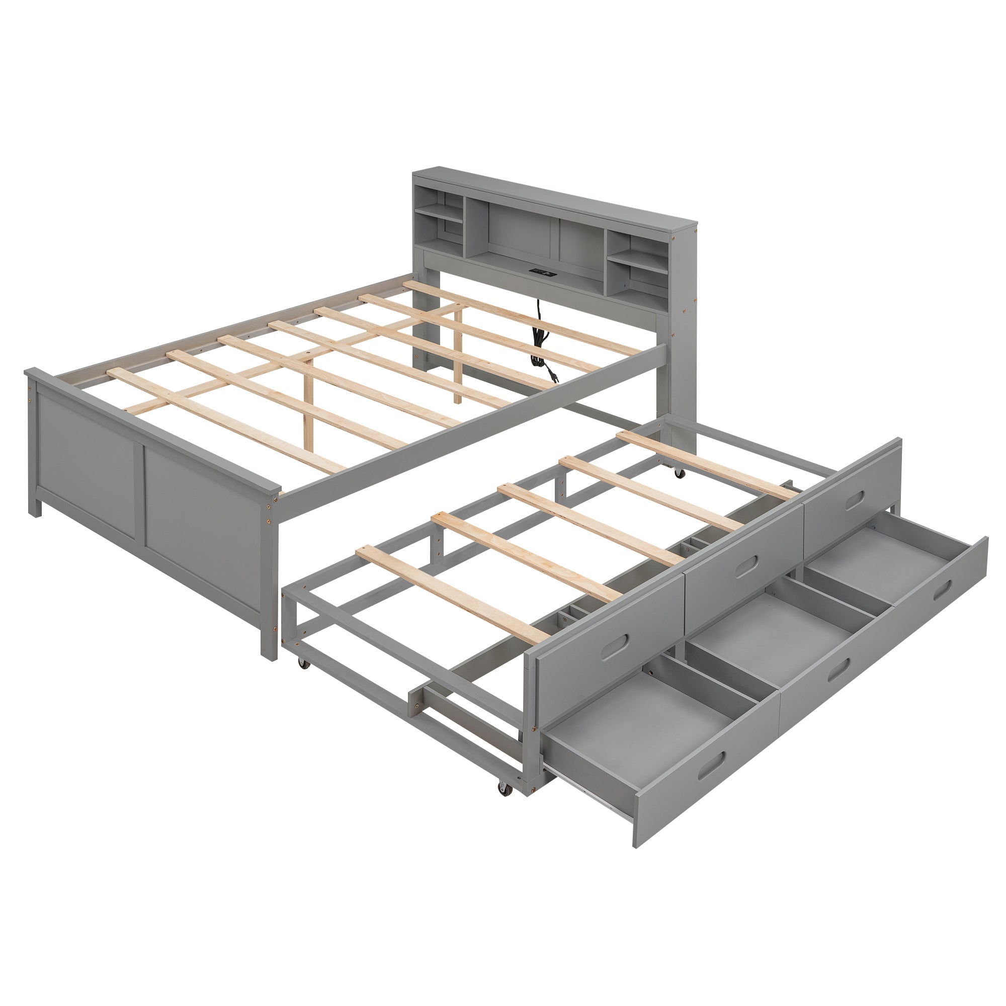 Full Size Platform Bed with Storage Headboard, USB, Twin Size Trundle