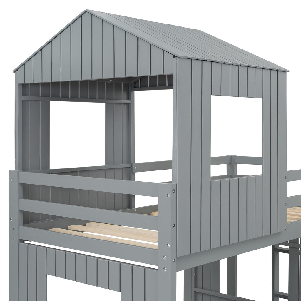 Loft Bed, Twin Over Full, Solid Wood with Slide, Ladder, and