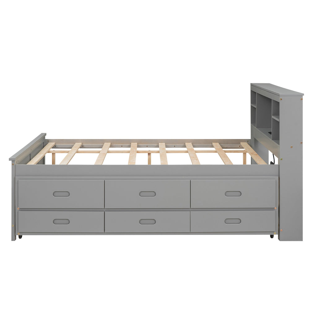 Full Size Platform Bed with Storage Headboard, USB, Twin Size Trundle