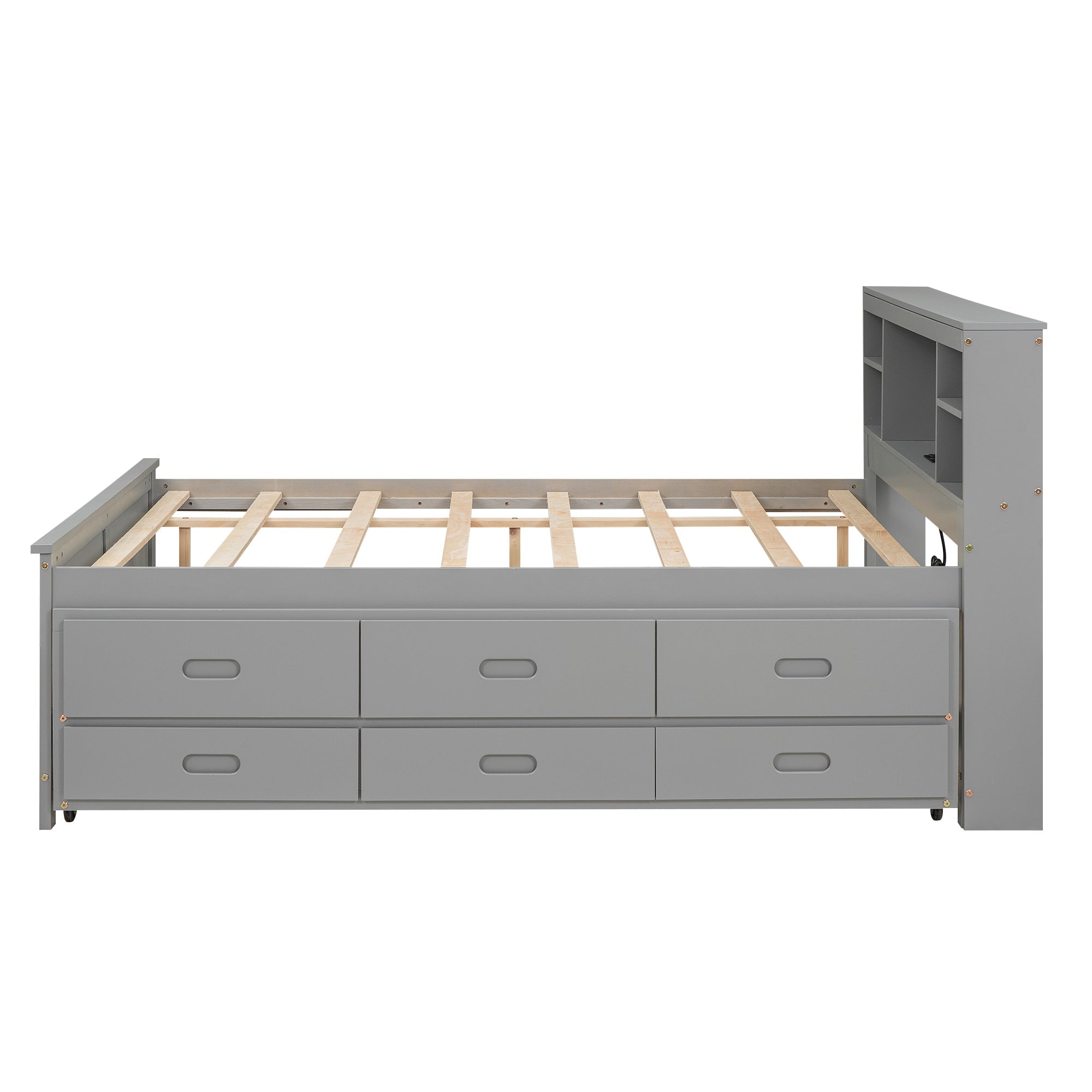 Full Size Platform Bed with Storage Headboard, USB, Twin Size Trundle