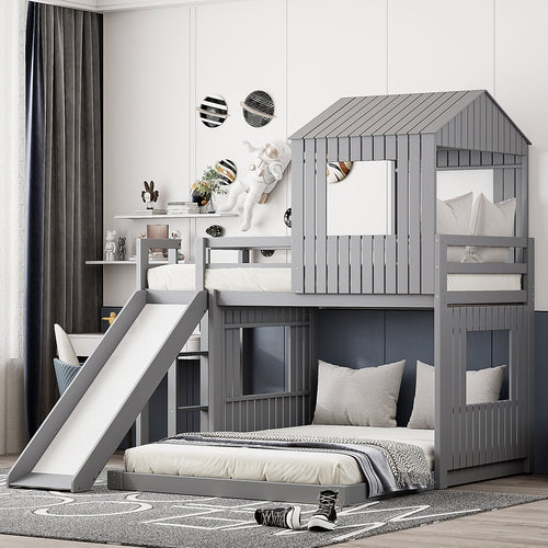 Loft Bed, Twin Over Full, Solid Wood with Slide, Ladder, and