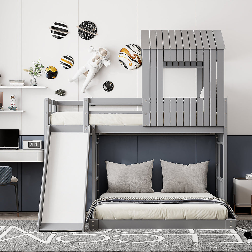 Loft Bed, Twin Over Full, Solid Wood with Slide, Ladder, and