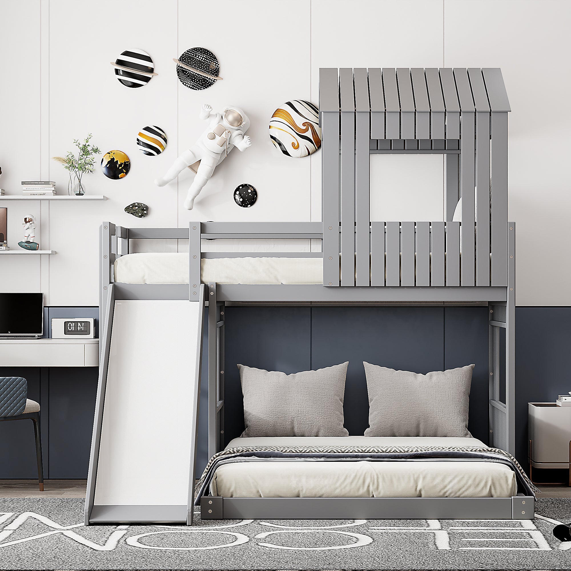 Loft Bed, Twin Over Full, Solid Wood with Slide, Ladder, and
