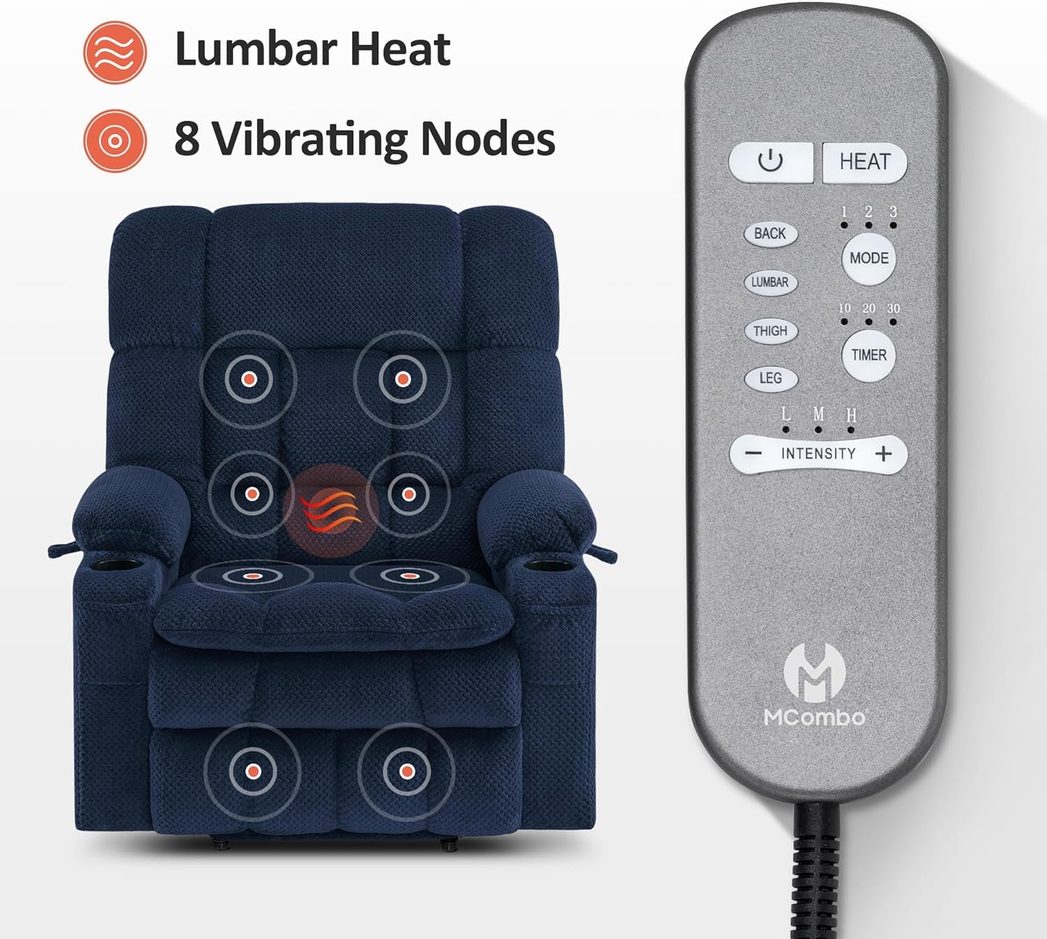 Dual Motor Power Lift Recliner with Massage and Heat (Navy)