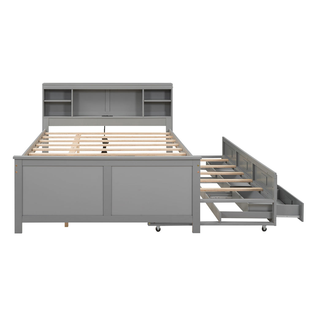 Full Size Platform Bed with Storage Headboard, USB, Twin Size Trundle
