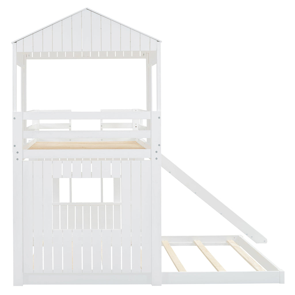 Loft Bed, Twin Over Full, Solid Wood with Slide, Ladder, and