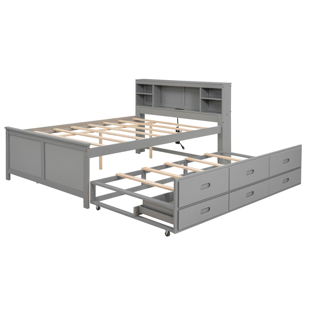 Full Size Platform Bed with Storage Headboard, USB, Twin Size Trundle