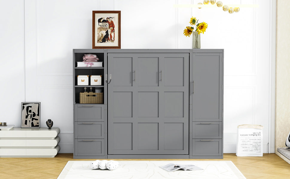 Murphy Wall Bed, Queen Size, MDF and LVL with Drawers, Shelves, and