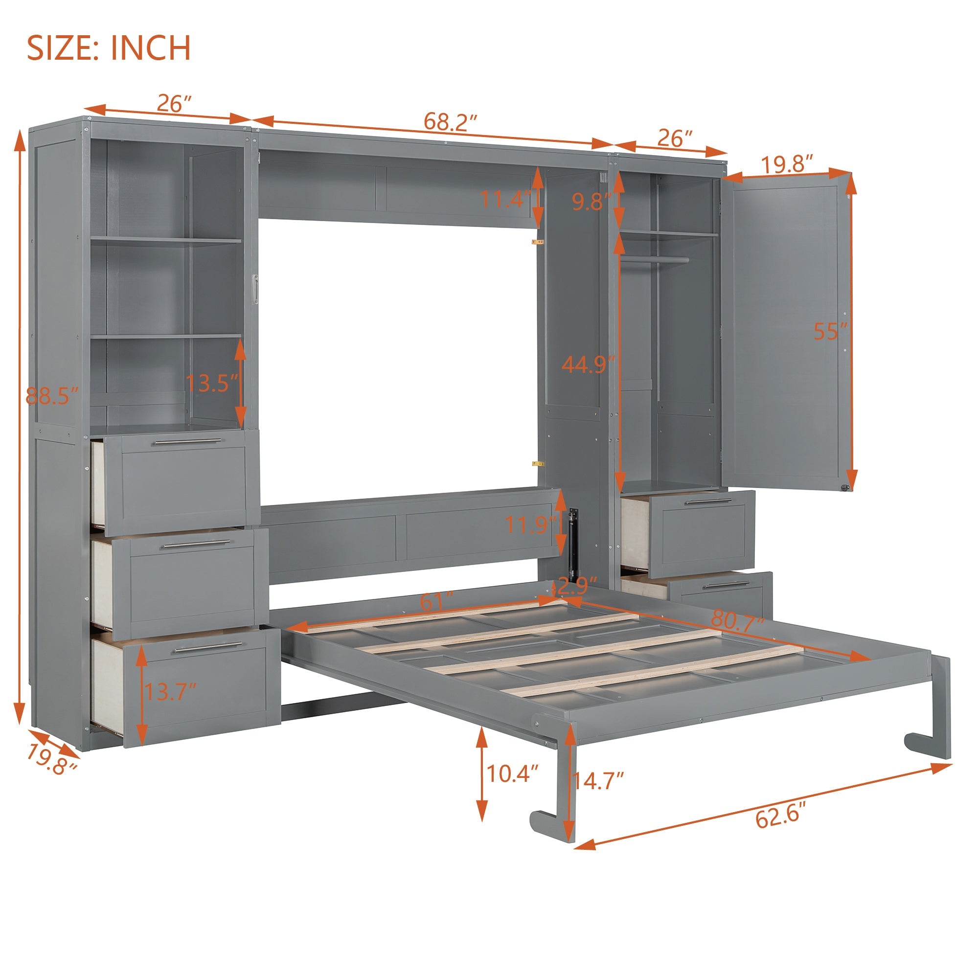Murphy Wall Bed, Queen Size, MDF and LVL with Drawers, Shelves, and