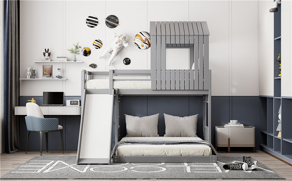 Loft Bed, Twin Over Full, Solid Wood with Slide, Ladder, and