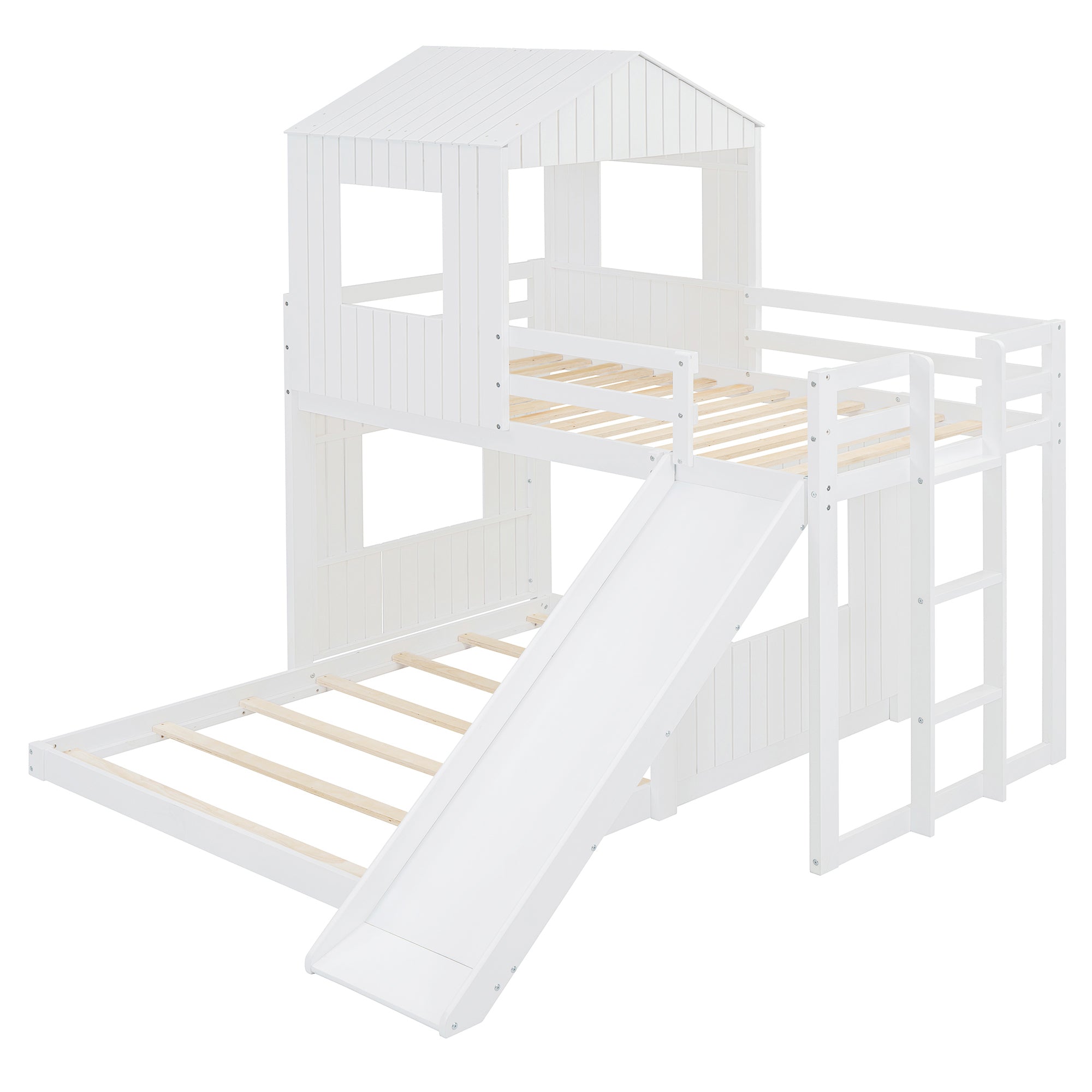 Loft Bed, Twin Over Full, Solid Wood with Slide, Ladder, and