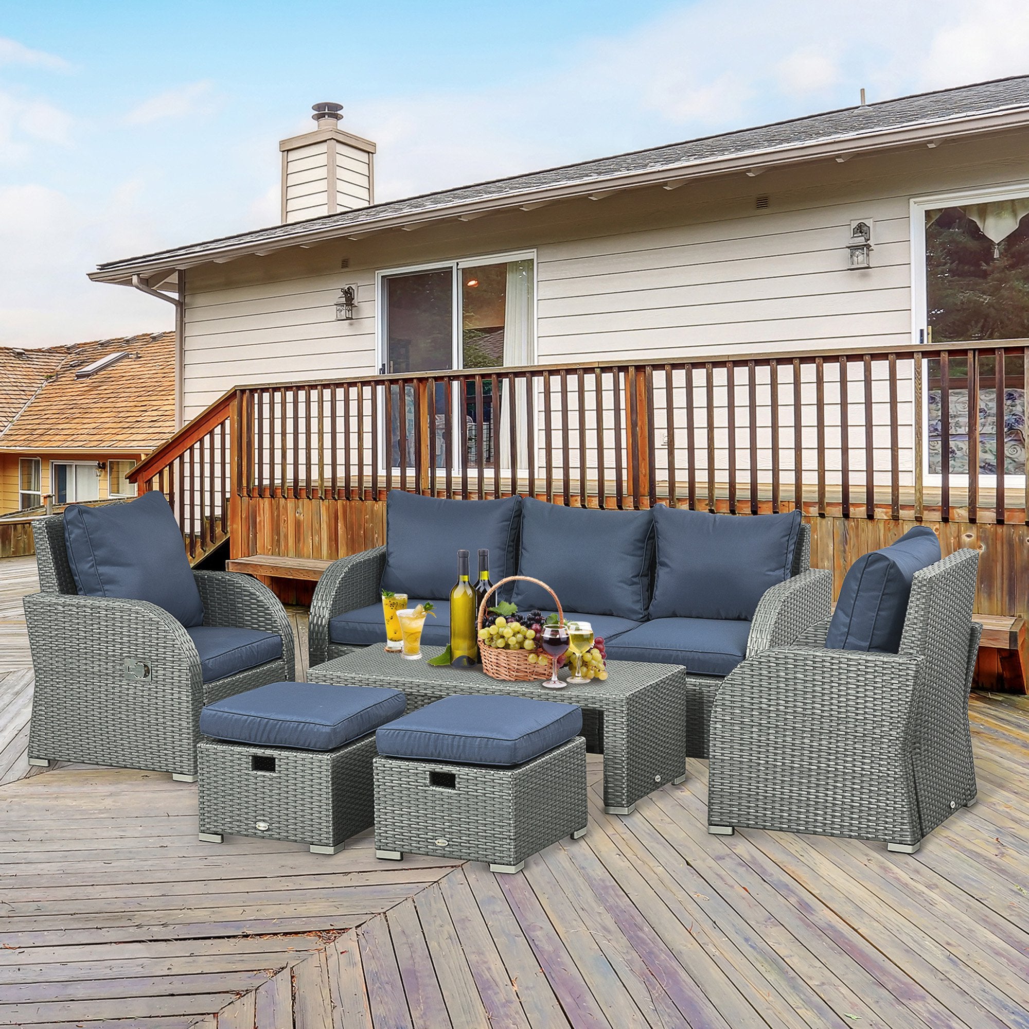 Outsunny 6pc Wicker Sectional Set Cushioned Outdoor Rattan 3-Seat Sofa