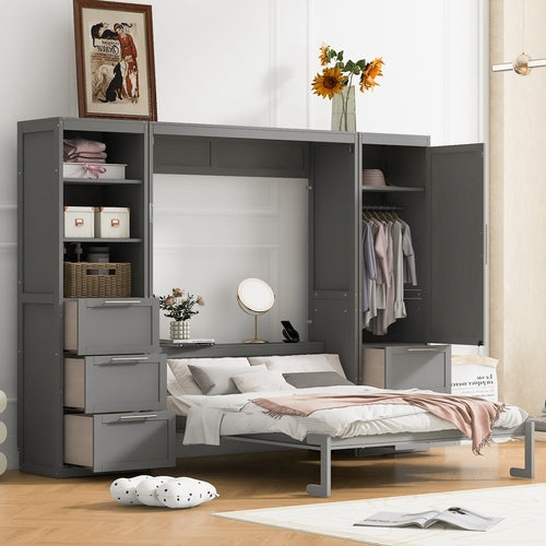 Murphy Wall Bed, Queen Size, MDF and LVL with Drawers, Shelves, and