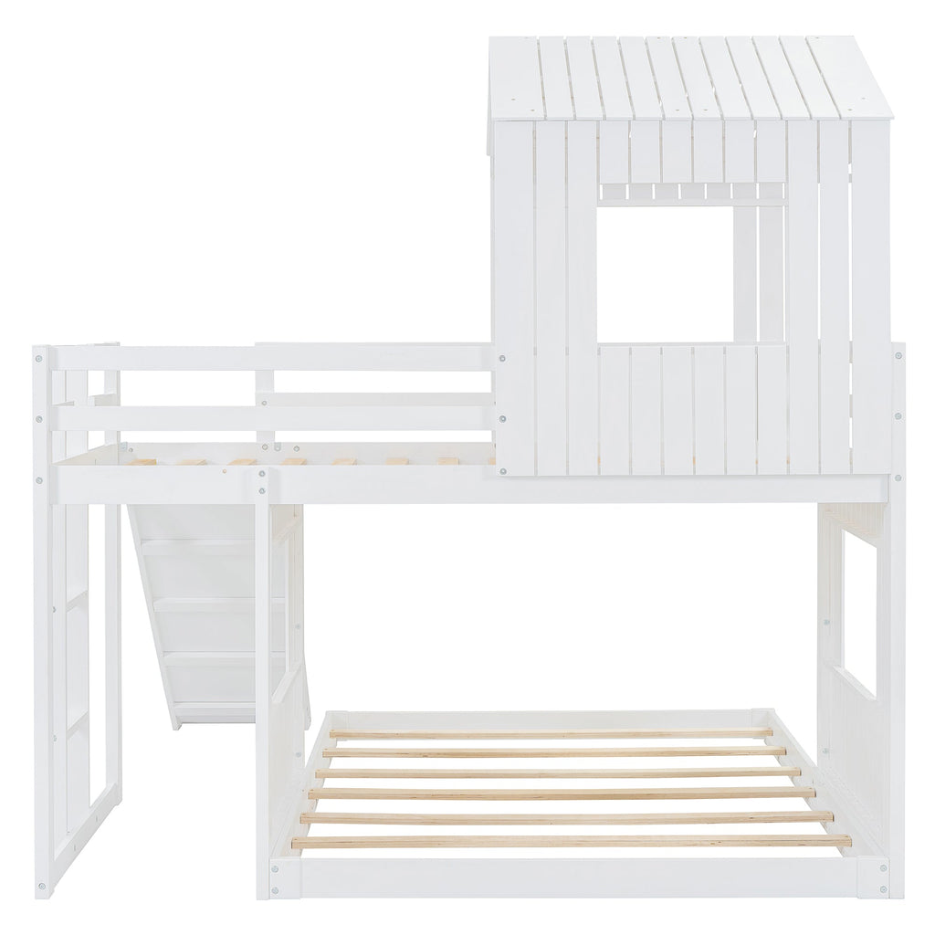 Loft Bed, Twin Over Full, Solid Wood with Slide, Ladder, and