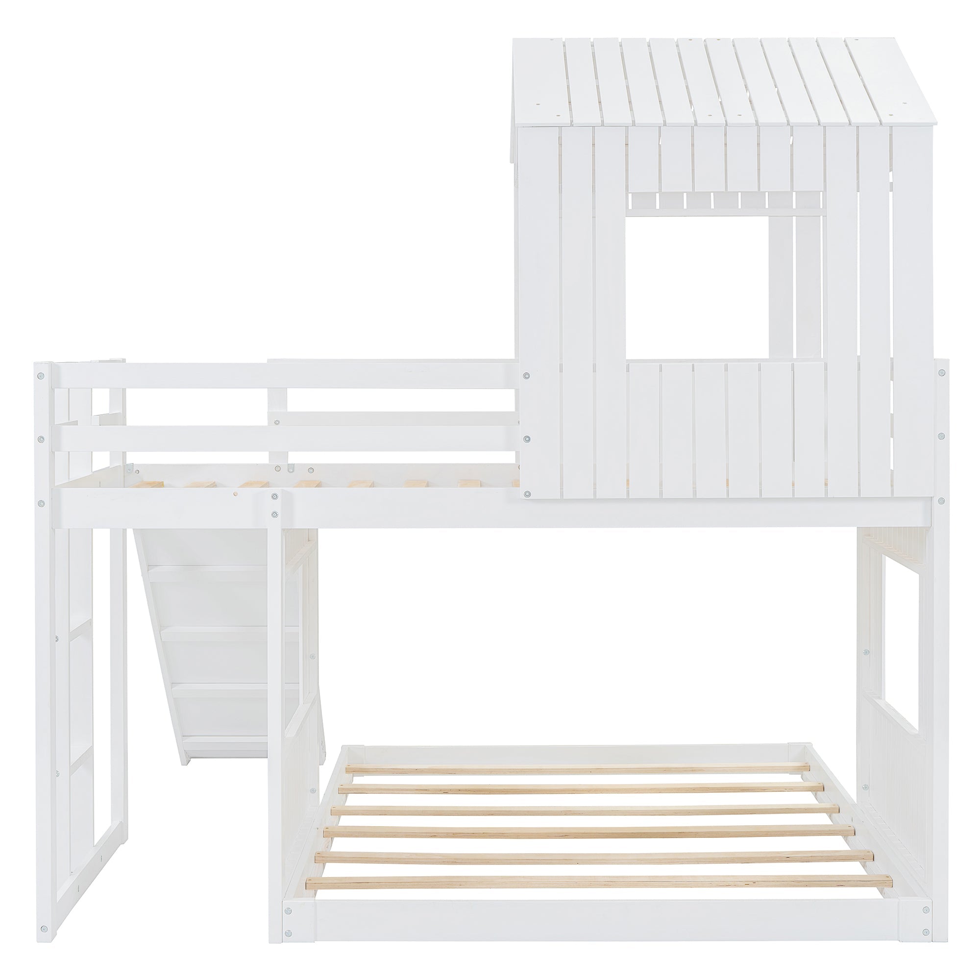 Loft Bed, Twin Over Full, Solid Wood with Slide, Ladder, and